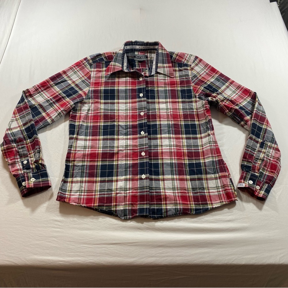 Rockies Shirt Men’s Medium Button Down Plaid Long Sleeve Red Blue Shirt Western
